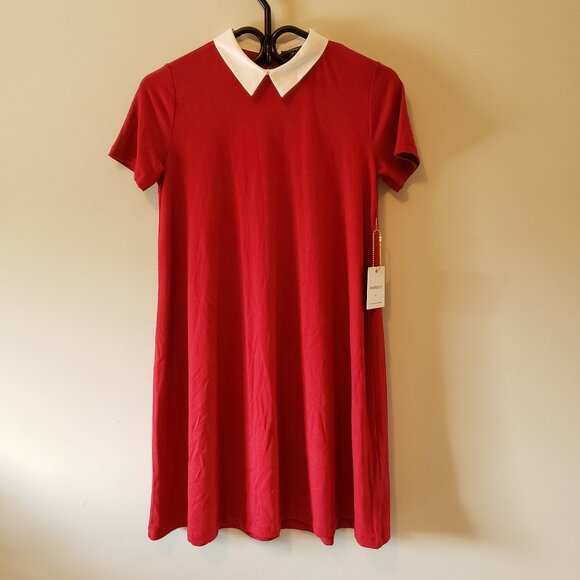 Forever 21 Vibrant Red Short Sleeve Mini Dress With White flared Collar Small - Picture 1 of 4